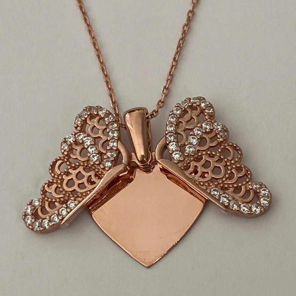 925 Silver butterfly initial cz double heart necklace 14K rose gold plat…